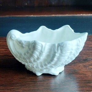 May include: A white ceramic bowl shaped like a seashell with a textured surface.