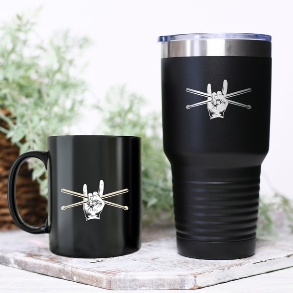 Drummer drumstick in de hand grappige drum mok, band tumbler, drummer cadeau, drum cadeau voor haar, drummer cadeau voor hem