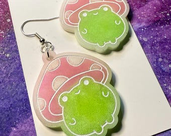 Handmade Resin Mushroom Frog Earrings, Cottagecore Jewelry