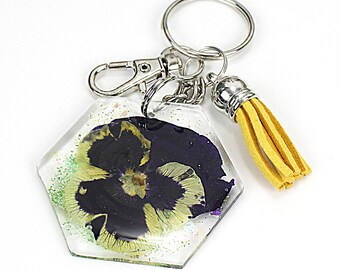 Pressed Flower Keychain, Pansy Keychain, Dried Flower Keychain