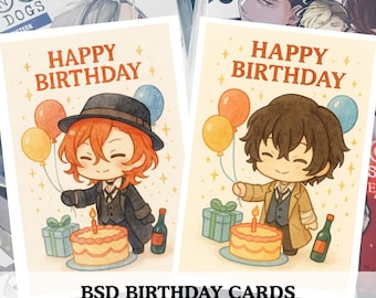 Tarjeta de cumpleaños estilo chibi de Bungo Stray Dogs – Soukoku, tarjeta de felicitación de anime en acuarela (5 x 7 pulgadas)