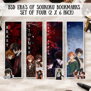 Può includere: Set di quattro segnalibri, ciascuno di circa 5 x 15 cm, con illustrazioni in stile anime. I segnalibri hanno sfondi rossi e blu con arte dei personaggi e testo. Il testo include "BEAST", "STORMBR", "DEAD APPLE" e "FIFTEEN".