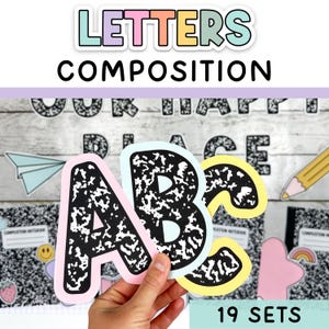 Cuaderno de composición, tablón de anuncios, letras para pastel y decoración del aula.