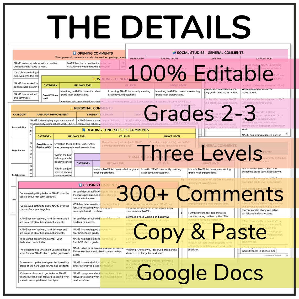 300+ Grade 2-3 Report Card Comment Bank Editable in Google Docs - Beg ...