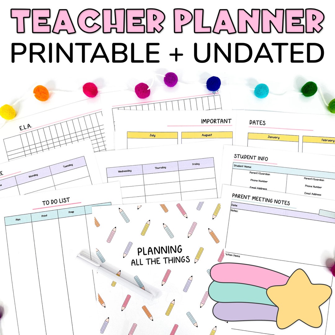 Teacher Planner Printable + Undated - Teacher Lesson Planner, Gradebook Pages, Teacher Calendars ...