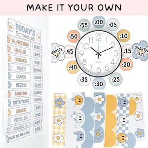 May include: A classroom schedule set featuring a vertical chart labelled "Today's Schedule" with time slots, a round analogue quartz clock surrounded by circular minute markers, and decorative border strips with flower, smiley face, and checkered patterns.