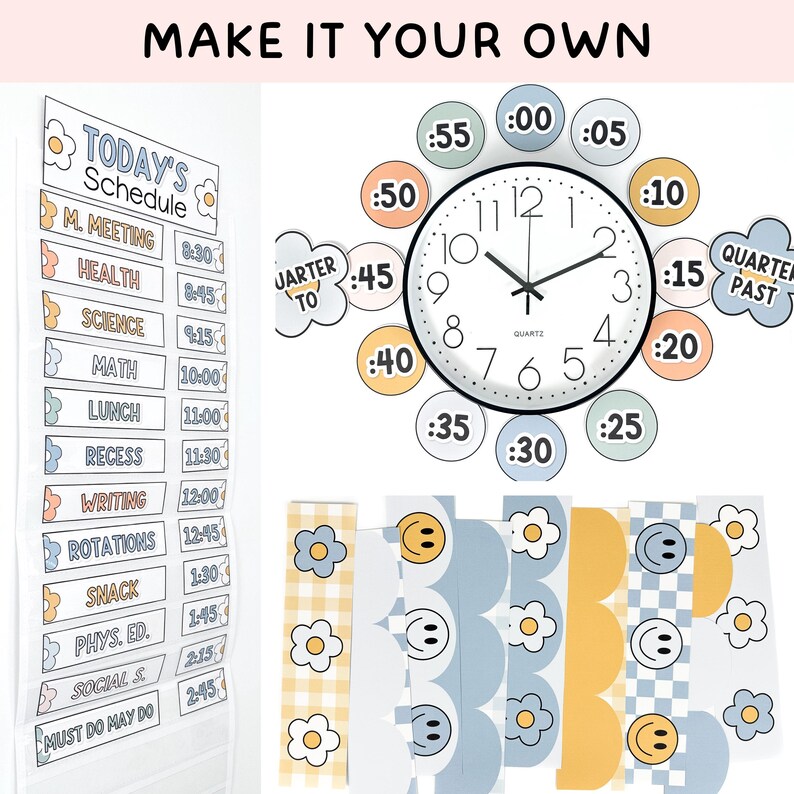 May include: A classroom schedule set featuring a vertical chart labelled "Today's Schedule" with time slots, a round analogue quartz clock surrounded by circular minute markers, and decorative border strips with flower, smiley face, and checkered patterns.