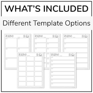 May include: Five different printable reading log templates. Each template has a title "Reading" and space for the student's name, date, and book title. The templates vary in the number of rows and columns for recording reading information.