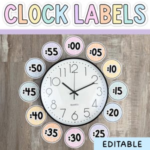 May include: A round analog wall clock with a white face and black numbers, surrounded by twelve circular labels in pastel colors. Each label displays a minute increment from :00 to :55 in black text. The text CLOCK LABELS appears at the top.