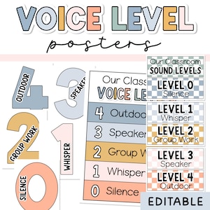 May include: A set of printable classroom posters for voice levels. The posters feature a number, a colour, and a voice level description. The voice levels are: 0 Silence, 1 Whisper, 2 Group Work, 3 Speaker, 4 Outdoor. The posters are editable.