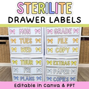 May include: Two white plastic drawer units featuring pastel-coloured labels with grid backgrounds, bow icons, and pencil graphics. The labels display text including MON, TUES, WED, THUR, FRI, PLANS, GRADE, FILE, COPY, EXTRAS, PAPER, and COPIES.