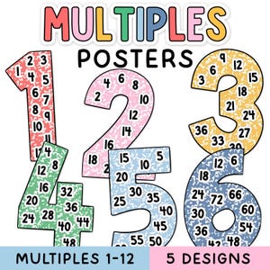 Puede incluir: Carteles educativos con números grandes del 1 al 6 con un patrón moteado. Cada número muestra sus múltiplos en pequeños círculos blancos. El texto MULTIPLES POSTERS aparece arriba y MULTIPLES 1-12 5 DESIGNS abajo.