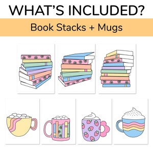 Puede incluir: Un conjunto de ilustraciones digitales que presentan pilas de libros coloridos y tazas con diferentes dise&ntilde;os. Las tazas incluyen una taza amarilla con malvaviscos, una taza rosa con libros, una taza morada con fresas y una taza azul con rayas.