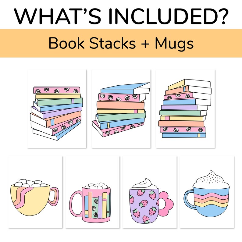 Puede incluir: Un conjunto de ilustraciones digitales que presentan pilas de libros coloridos y tazas con diferentes dise&ntilde;os. Las tazas incluyen una taza amarilla con malvaviscos, una taza rosa con libros, una taza morada con fresas y una taza azul con rayas.