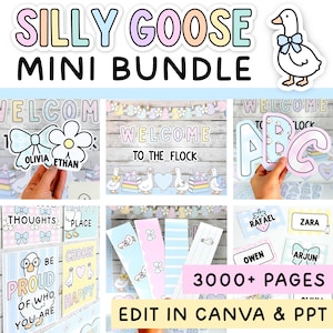Peut inclure: Un ensemble numérique imprimable intitulé SILLY GOOSE MINI BUNDLE avec des graphismes aux tons pastel représentant des oies, des nœuds, des fleurs et des lettres. Il comprend des étiquettes personnalisables, des affiches et des bannières de 3000+ pages.