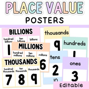 May include: A set of educational place value posters featuring pastel-colored backgrounds. The text includes headings like BILLIONS, MILLIONS, THOUSANDS, hundreds, tens, and ones, alongside large black numerals and place value labels for math learning.