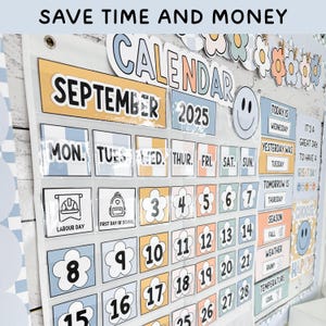 May include: A classroom calendar pocket chart for September 2025 featuring pastel blue, orange, and white colours. The display includes days of the week, numbered flower-shaped date cards, and labels for weather, season, and temperature with smiley faces.