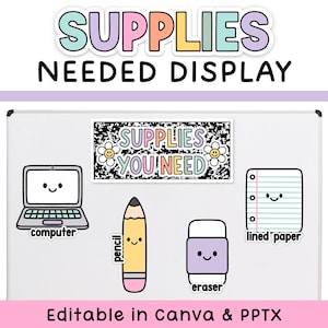 May include: A classroom display set featuring a header reading SUPPLIES NEEDED DISPLAY and a sign stating SUPPLIES YOU NEED with flower icons. Includes individual illustrations of a computer, pencil, eraser, and lined paper with labels.