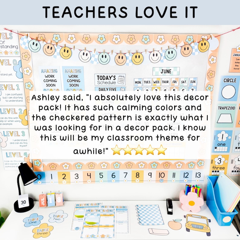 May include: A classroom decor set featuring a pastel checkered and smiley face theme. The display includes a banner, a calendar, number line, and desk accessories like a flower-shaped pen holder, all in soft blue, peach, and yellow colour tones.