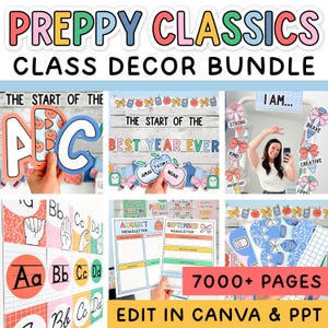 Può includere: Un pacchetto di decorazioni per l'aula intitolato Preppy Classics che include oltre 7000 pagine di materiale didattico modificabile. Include schede dell'alfabeto, modelli di newsletter e ritagli decorativi da parete con motivi di mele e fiocchi.