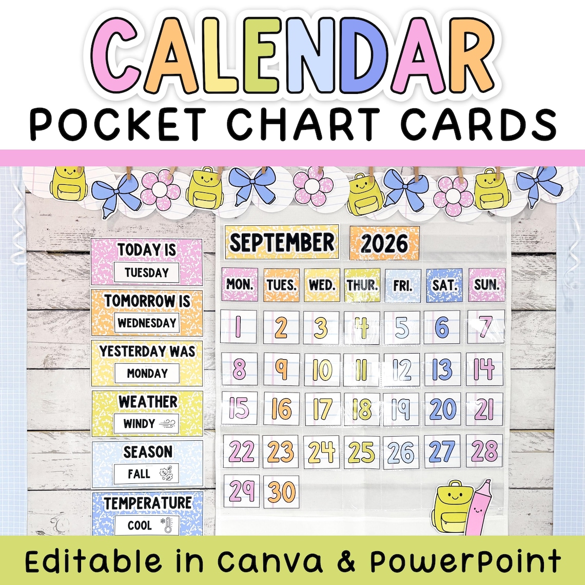 Bright Classroom Calendar Pocket Chart - Printable Calendar Numbers and ...