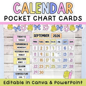 May include: A set of colorful calendar pocket chart cards featuring the text CALENDAR POCKET CHART CARDS, SEPTEMBER 2026, and various daily labels like TODAY IS TUESDAY, WEATHER WINDY, and SEASON FALL, decorated with yellow backpacks and blue bows.