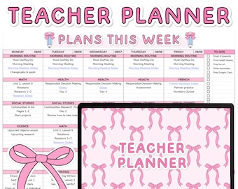 May include: A digital Google Sheets teacher planner template featuring a pink bow pattern. The layout includes a weekly schedule with columns for Monday through Friday, subject rows, and a to-do list. A laptop displays the same pink bow design.
