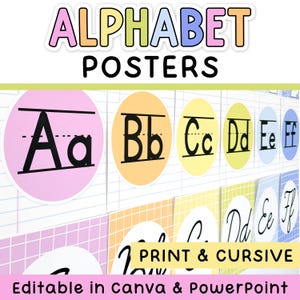 May include: Alphabet posters featuring uppercase and lowercase letters in print and cursive styles. The design includes colorful circular backgrounds with grid patterns. Text reads ALPHABET POSTERS, PRINT & CURSIVE, and Editable in Canva & PowerPoint.