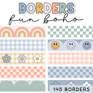Peut inclure: Un ensemble de 145 bordures numériques dans un style bohème amusant. Les bordures présentent une variété de motifs, notamment des arcs-en-ciel, du vichy et des visages souriants.