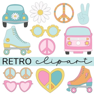 Groovy Clipart & Hippie Clipart with Peace Sign PNG and Roller Skate Clipart