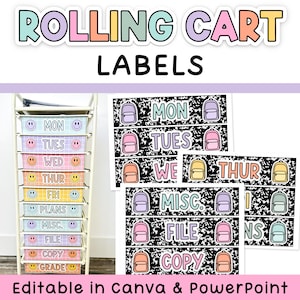May include: A set of printable rolling cart labels featuring a black and white speckled background with colorful backpack icons and text for days of the week including MON, TUES, WED, THUR, FRI, PLANS, MISC, FILE, COPY, and GRADE in pastel colors.