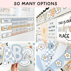May include: A collection of classroom decor featuring a white multi-drawer organiser with labelled bins, posters with text like 'THIS IS OUR HAPPY PLACE', and cutouts of letters, flowers, and smiley faces in a light blue, peach, and white colour palette.