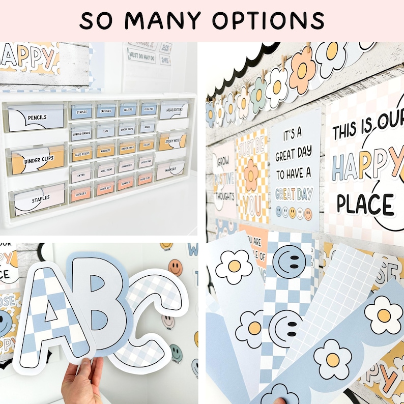 May include: A collection of classroom decor featuring a white multi-drawer organiser with labelled bins, posters with text like 'THIS IS OUR HAPPY PLACE', and cutouts of letters, flowers, and smiley faces in a light blue, peach, and white colour palette.