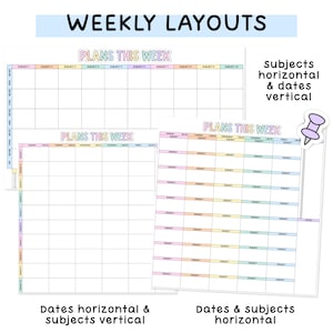 May include: Three weekly planner layouts featuring the text "PLANS THIS WEEK" in colorful bubble letters. The grids include columns and rows for subjects and dates, with some layouts showing subjects horizontally and others vertically, plus a purple pin.