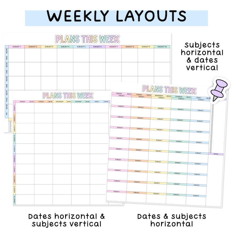May include: Three weekly planner layouts featuring the text "PLANS THIS WEEK" in colorful bubble letters. The grids include columns and rows for subjects and dates, with some layouts showing subjects horizontally and others vertically, plus a purple pin.
