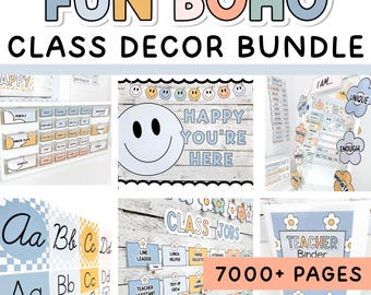 May include: A Fun Boho class decor bundle featuring 7000+ pages of editable classroom materials. Includes alphabet posters, job charts, binder covers, and labels in soft blue, yellow, and peach tones with smiley face and flower motifs.