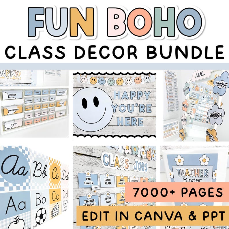 May include: A Fun Boho class decor bundle featuring 7000+ pages of editable classroom materials. Includes alphabet posters, job charts, binder covers, and labels in soft blue, yellow, and peach tones with smiley face and flower motifs.