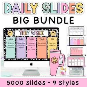 May include: A digital planner bundle with the text "DAILY SLIDES BIG BUNDLE." The image shows a computer screen displaying a weekly schedule with colourful blocks. A pink tumbler with a flower graphic is on the right. The text "5000 slides - 9 styles" is at the bottom.
