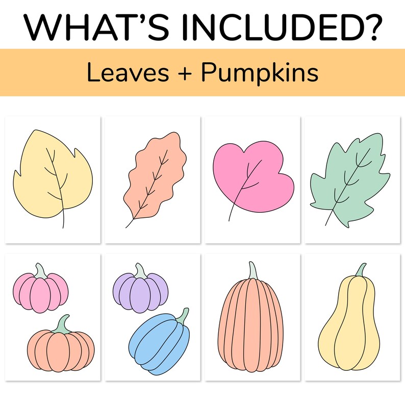 Puede incluir: Un conjunto de ocho ilustraciones digitales que representan hojas y calabazas en varios colores, incluyendo amarillo, naranja, rosa, morado, azul y verde. Las ilustraciones est&aacute;n delineadas en negro y tienen un estilo simple y de dibujos animados.