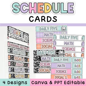 Daily Schedule Cards - Editable Visual Schedule Matches Composition Notebook Decor & Pastel Classroom Decor