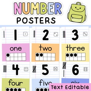 May include: Educational number posters featuring the text NUMBER POSTERS and a green backpack icon. Each poster displays a digit from one to six, corresponding tally marks, dice dots, written number words, and ten-frame dot representations.