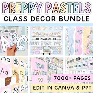 Könnte beinhalten: Ein Preppy Pastels Klassenzimmer-Dekorationspaket mit verschiedenen Dekorationen. Das Bild zeigt Buchstaben, Poster mit dem Text "YOU MATTER" und einen Kalender für September 2026. Das Paket hat über 7000 Seiten und ist in Canva & PPT bearbeitbar.