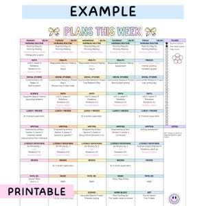 May include: A weekly planner template titled PLANS THIS WEEK with a grid layout for Monday through Friday. It features columns for daily subjects like Math, Science, and Writing, a to-do list with checkboxes, and a notes section. The design includes pastel-colored headers, small bow illustrations, and a flower icon.
