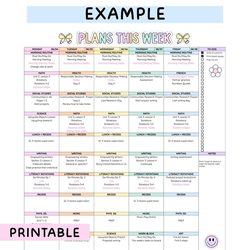 May include: A weekly planner template titled PLANS THIS WEEK with a grid layout for Monday through Friday. It features columns for daily subjects like Math, Science, and Writing, a to-do list with checkboxes, and a notes section. The design includes pastel-colored headers, small bow illustrations, and a flower icon.