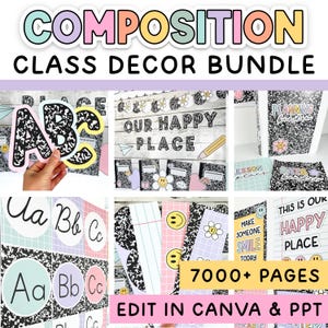 Puede incluir: Un paquete de decoración para el aula con el texto "COMPOSITION CLASS DECOR BUNDLE" en colores pastel. La imagen incluye letras del alfabeto, decoraciones con temática de cuaderno y la frase "OUR HAPPY PLACE". El paquete contiene más de 7000 páginas.