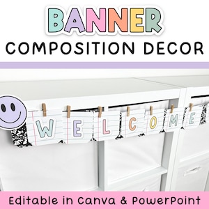 Banner decorativo para cuaderno de composición con letras editables para cuaderno de composición y decoración de aula en tonos pastel.
