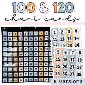 May include: A set of 100 and 120 chart cards for teaching counting and number recognition. The cards are organized in a grid format and feature different color schemes. The cards are labeled with numbers 1 through 100 and 1 through 120. The set includes 6 different versions of the cards.