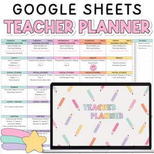 Puede incluir: Una plantilla digital de planificador para docentes en Google Sheets con una cuadrícula de horario semanal de lunes a viernes, una lista de tareas y una pantalla de portátil con un patrón de lápices pastel y el texto Teacher Planner.