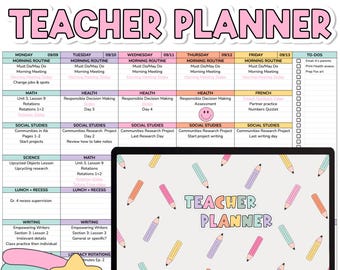 May include: A digital Google Sheets teacher planner template featuring a weekly schedule grid with columns for Monday through Friday, a to-do list, and a laptop screen displaying a pastel pencil pattern and the text Teacher Planner.