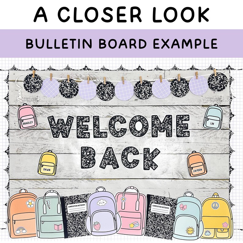 May include: A bulletin board display featuring the text WELCOME BACK in black and white speckled composition notebook pattern. Includes a banner of alternating speckled and grid circles, plus various colourful backpack cutouts with names.